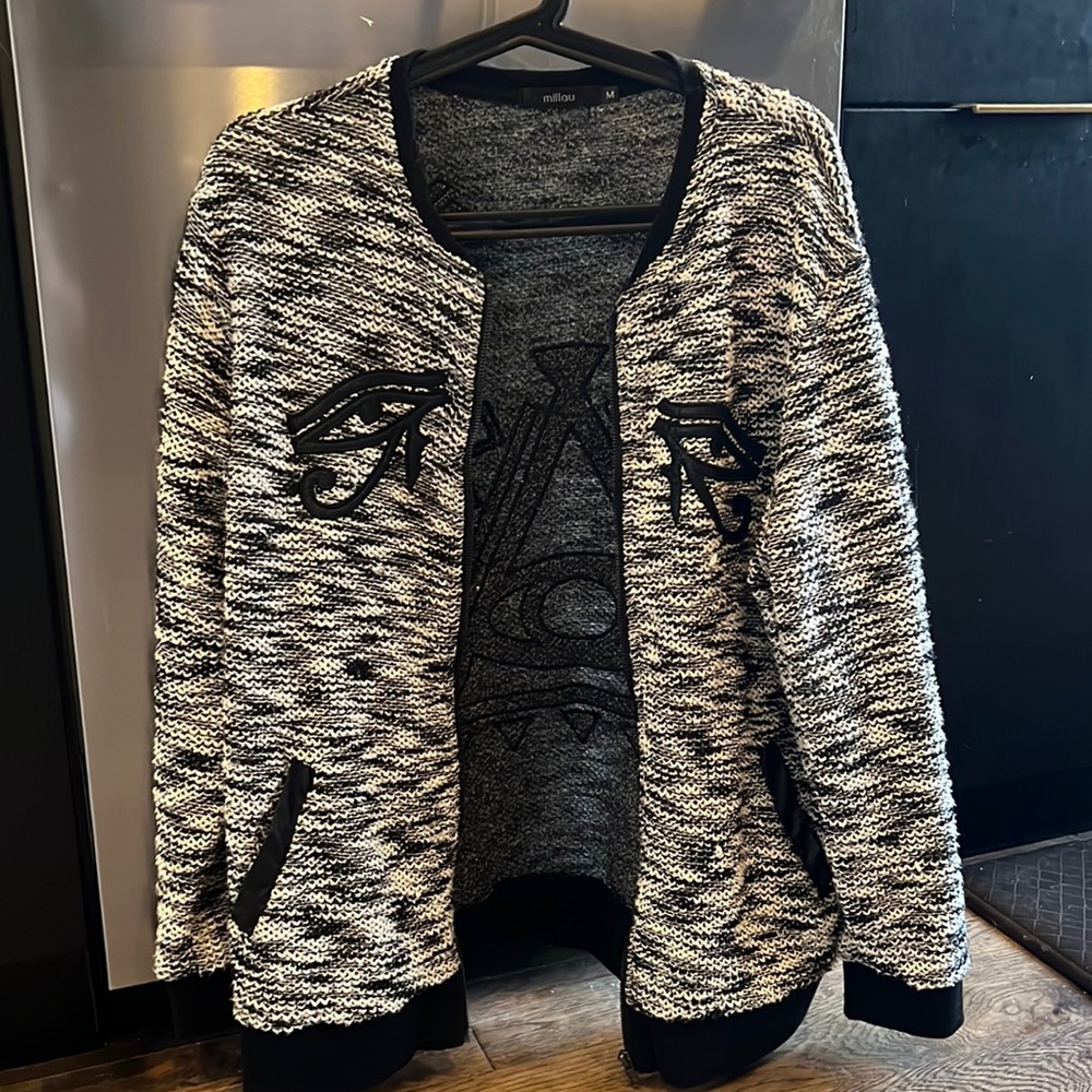 LF Millau womens black and white cardigan with graphics design.